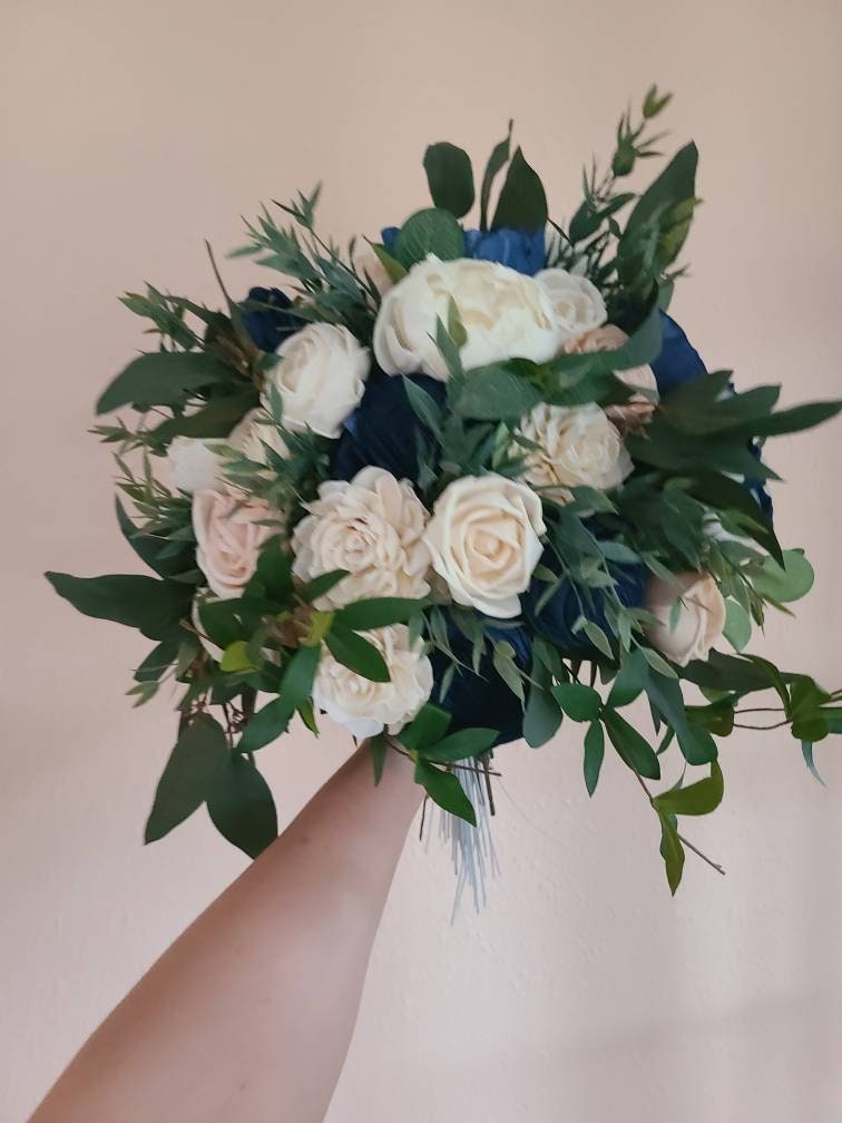 Dark Blue and Soft Pink with Trailing Greenery Bouquet