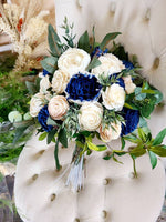 Dark Blue and Soft Pink with Trailing Greenery Bouquet